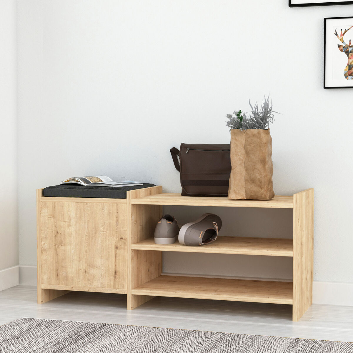 Skobänk Alexandra House Living Brun Grå 100 x 44 x 35 cm 2 Hyllor 1 dörr - 2