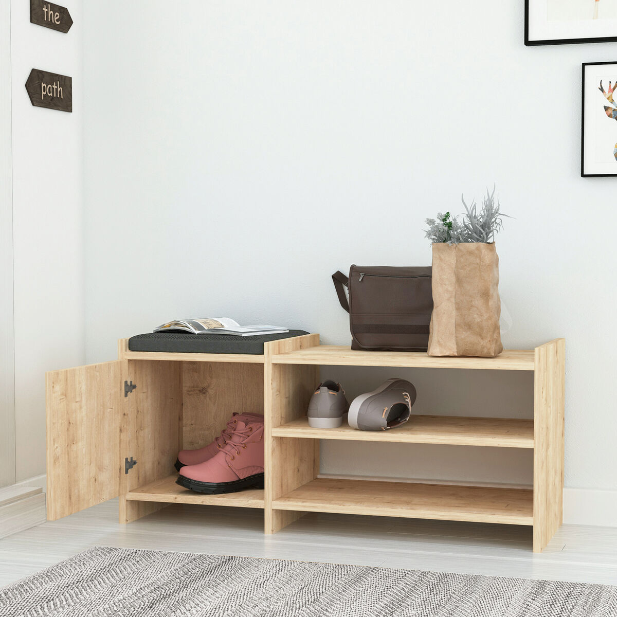Skobänk Alexandra House Living Brun Grå 100 x 44 x 35 cm 2 Hyllor 1 dörr - 3