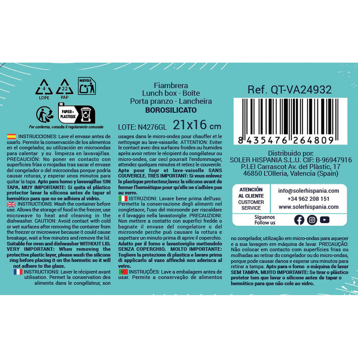 Hermetisk matlåda Quttin Rektangulär 1L 21 x 16,1 x 6,9 cm (6 antal) - 5
