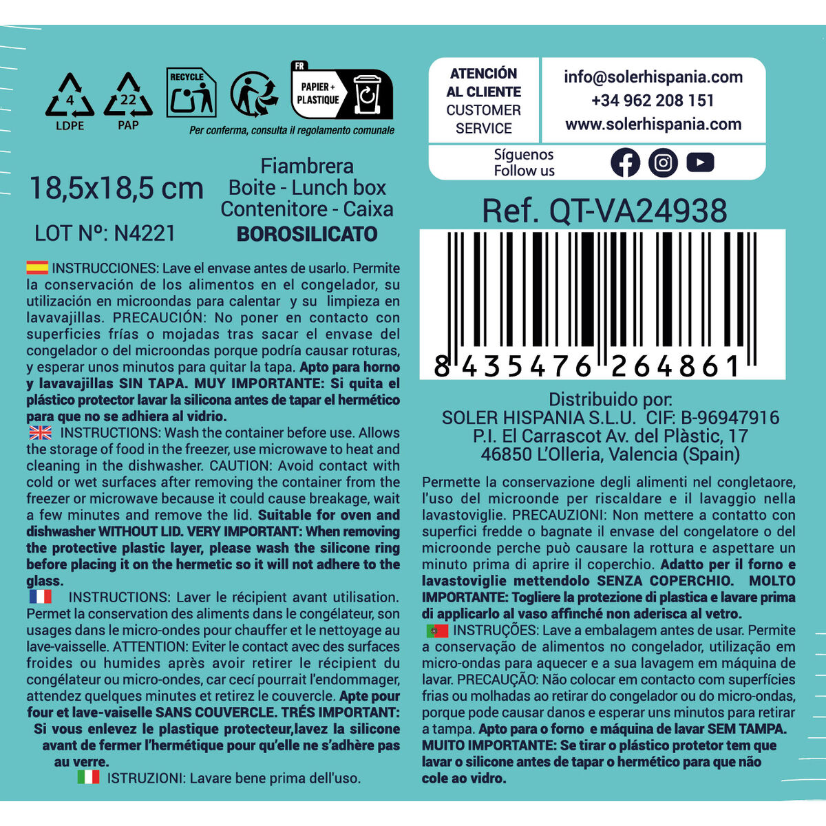 Hermetisk matlåda Quttin Fyrkantig 1,1 L 18,8 x 18,8 x 7,5 cm (6 antal) - 5