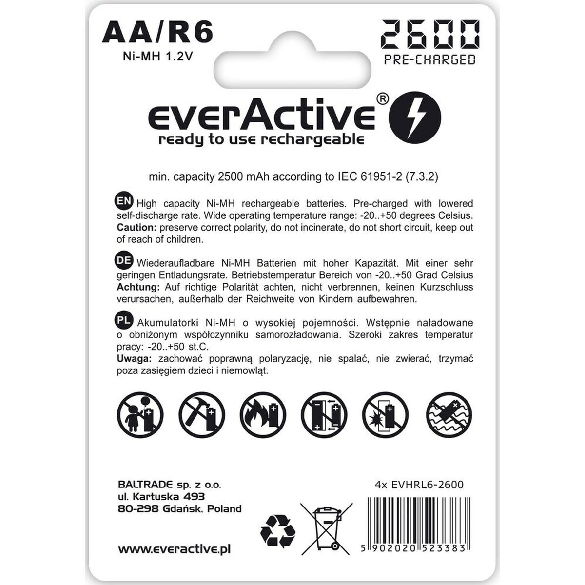 Laddningsbara Batterier EverActive EVHRL6-2600 2500 mAh 1,2 V - 2