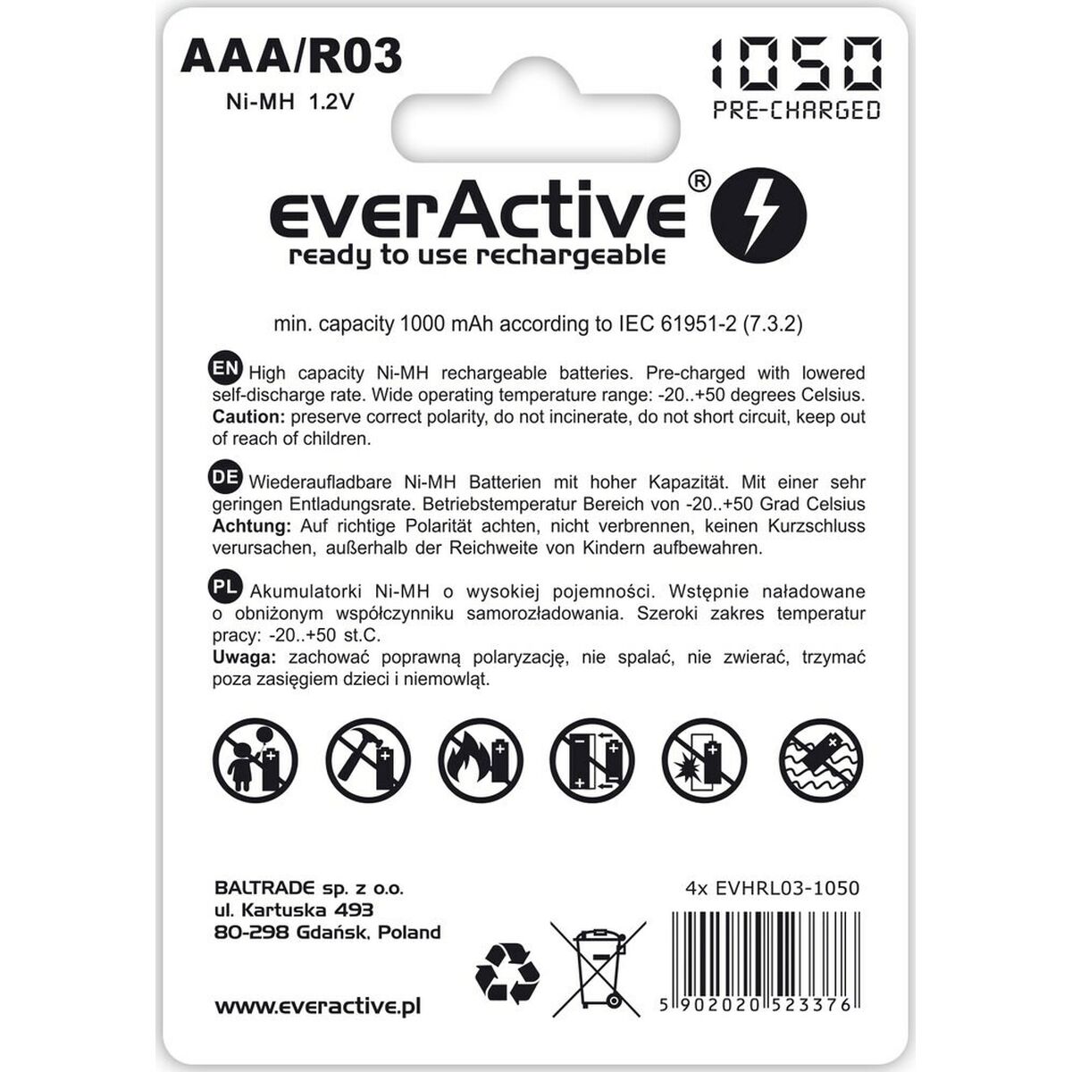 Laddningsbara Batterier EverActive EVHRL03-1050 1,2 V AAA - 2