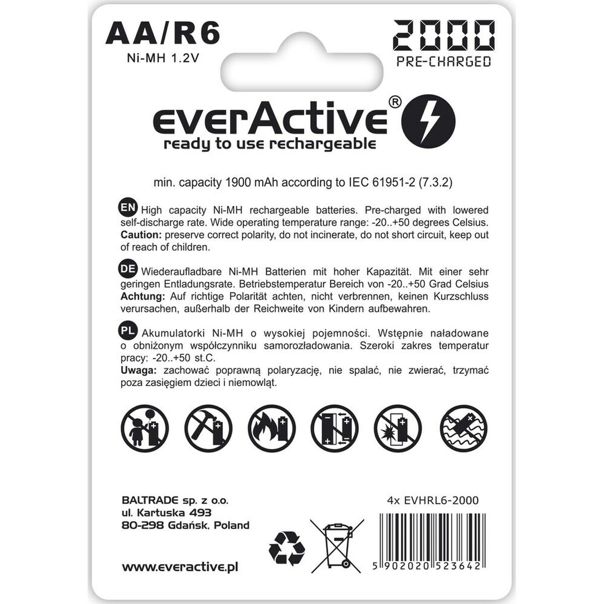 Laddningsbara Batterier EverActive EVHRL6-2000 AA LR6 1,2 V 3.7 V - 2