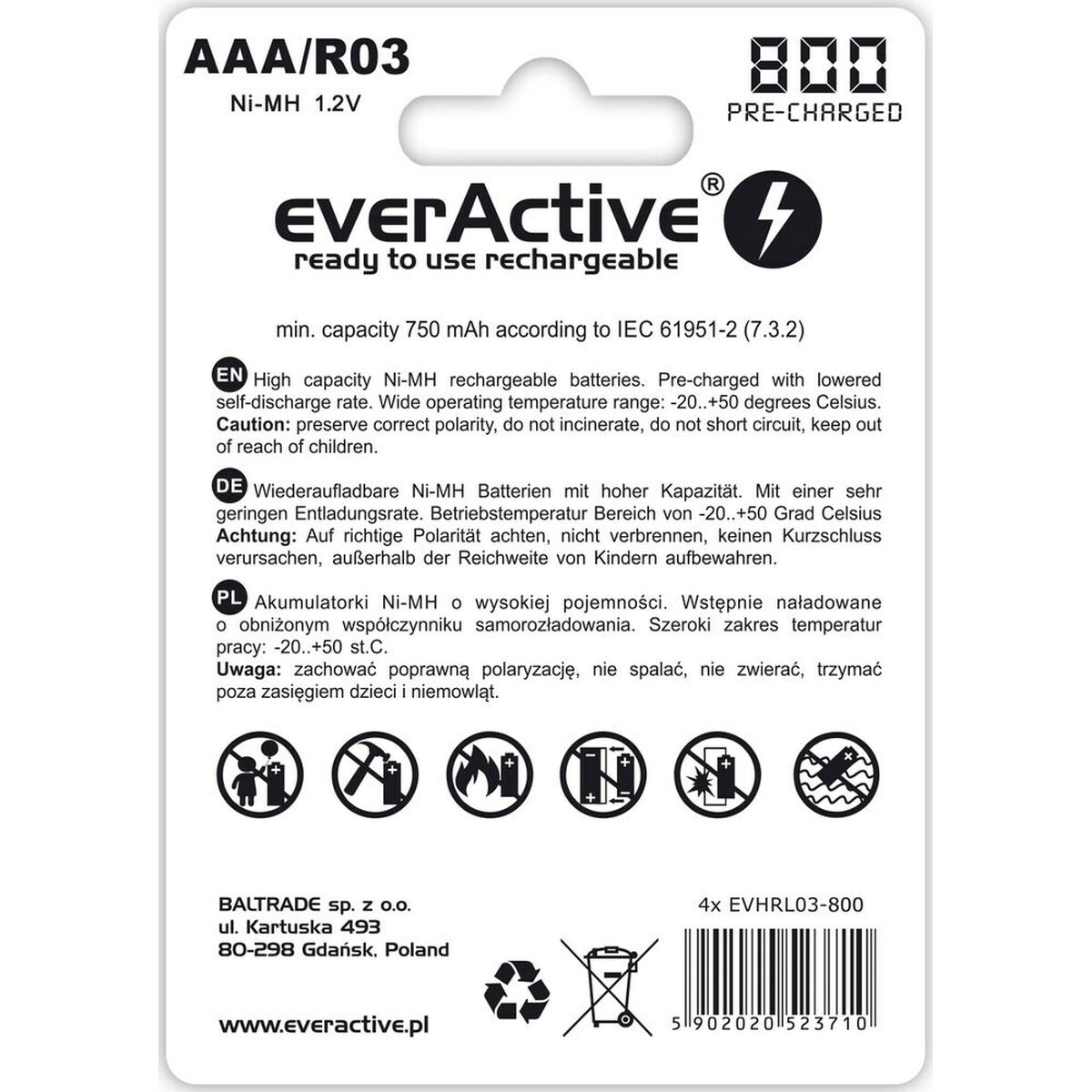 Laddningsbara Batterier EverActive EVHRL03-800 R03 AAA 1,2 V - 2