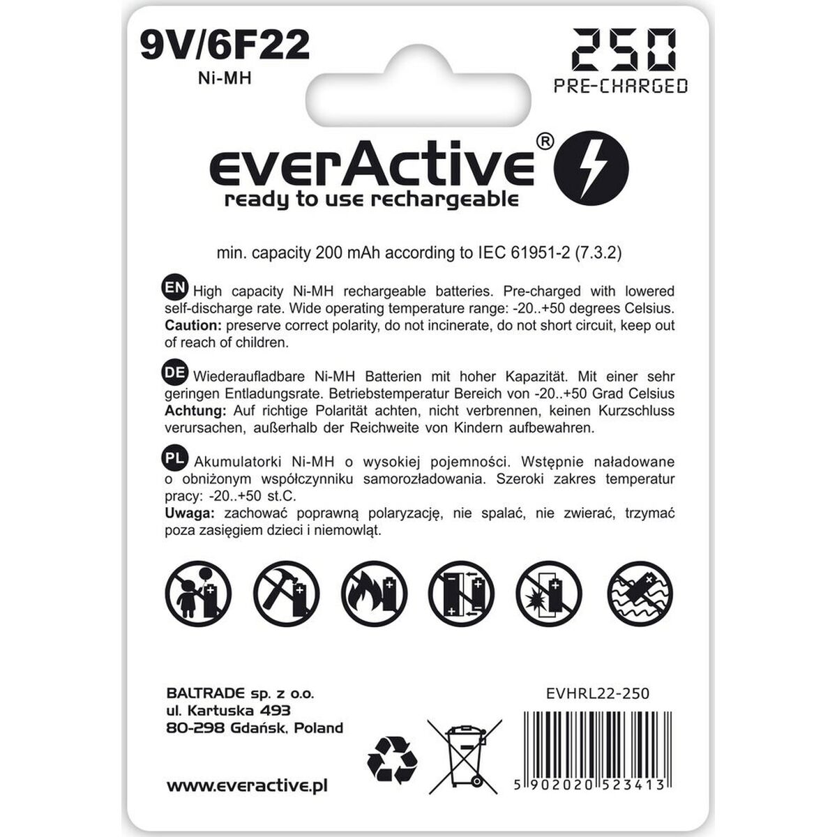 Laddningsbara Batterier EverActive EVHRL22-250 6F22 200 mAh 9 V - 2