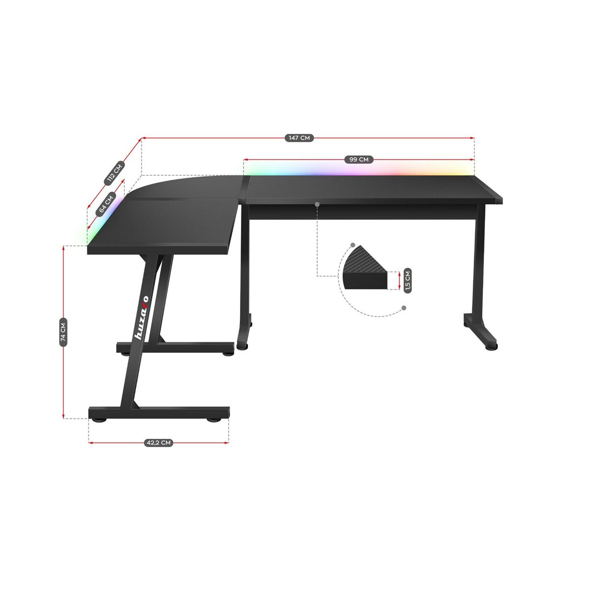Skrivbord Gaming Huzaro HZ-Hero 6.0 Black RGB Svart Stål Kolfiber 147 x 74 x 112 cm - 5