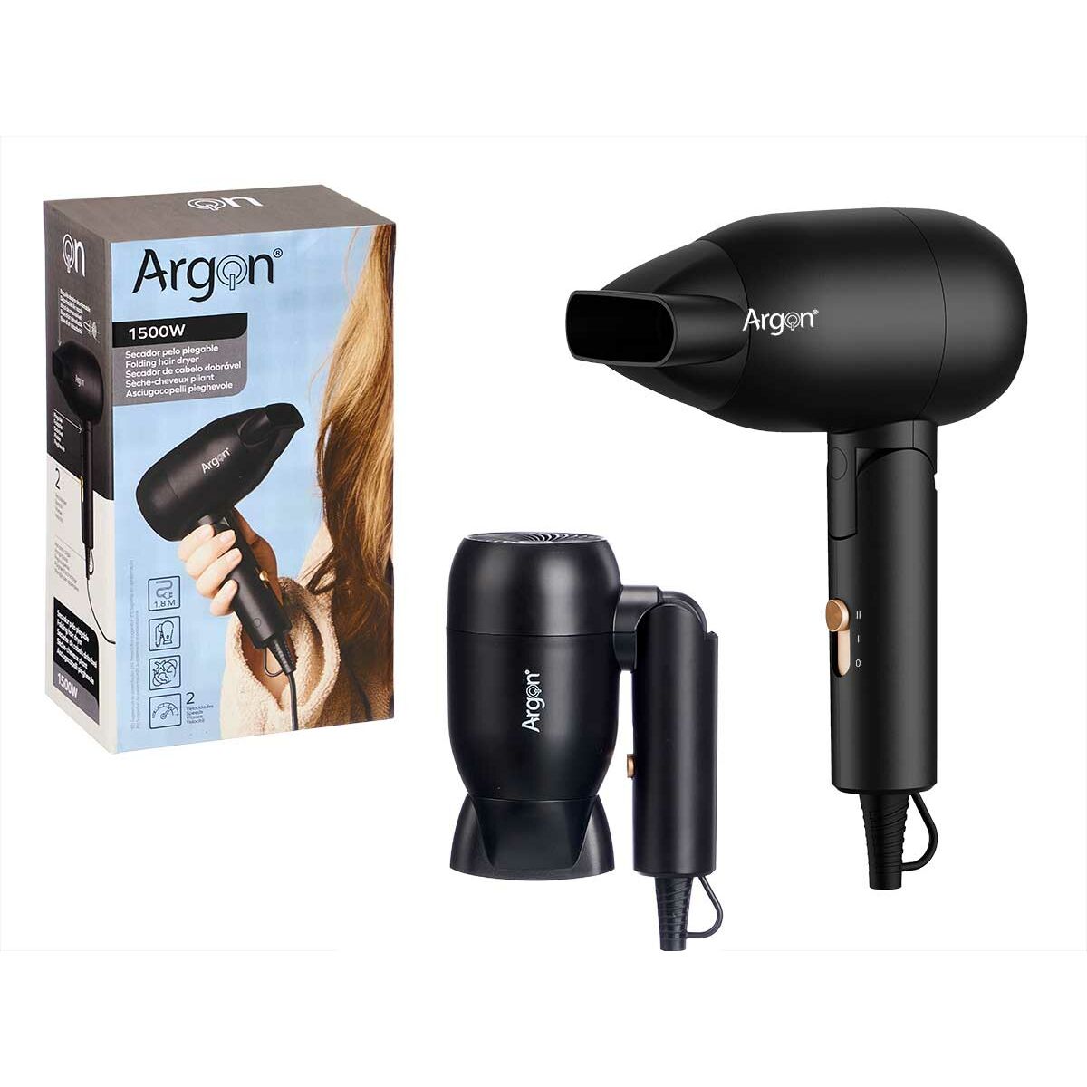 Hopfällbar hårtork Argon Svart Gyllene 1500 W - 2
