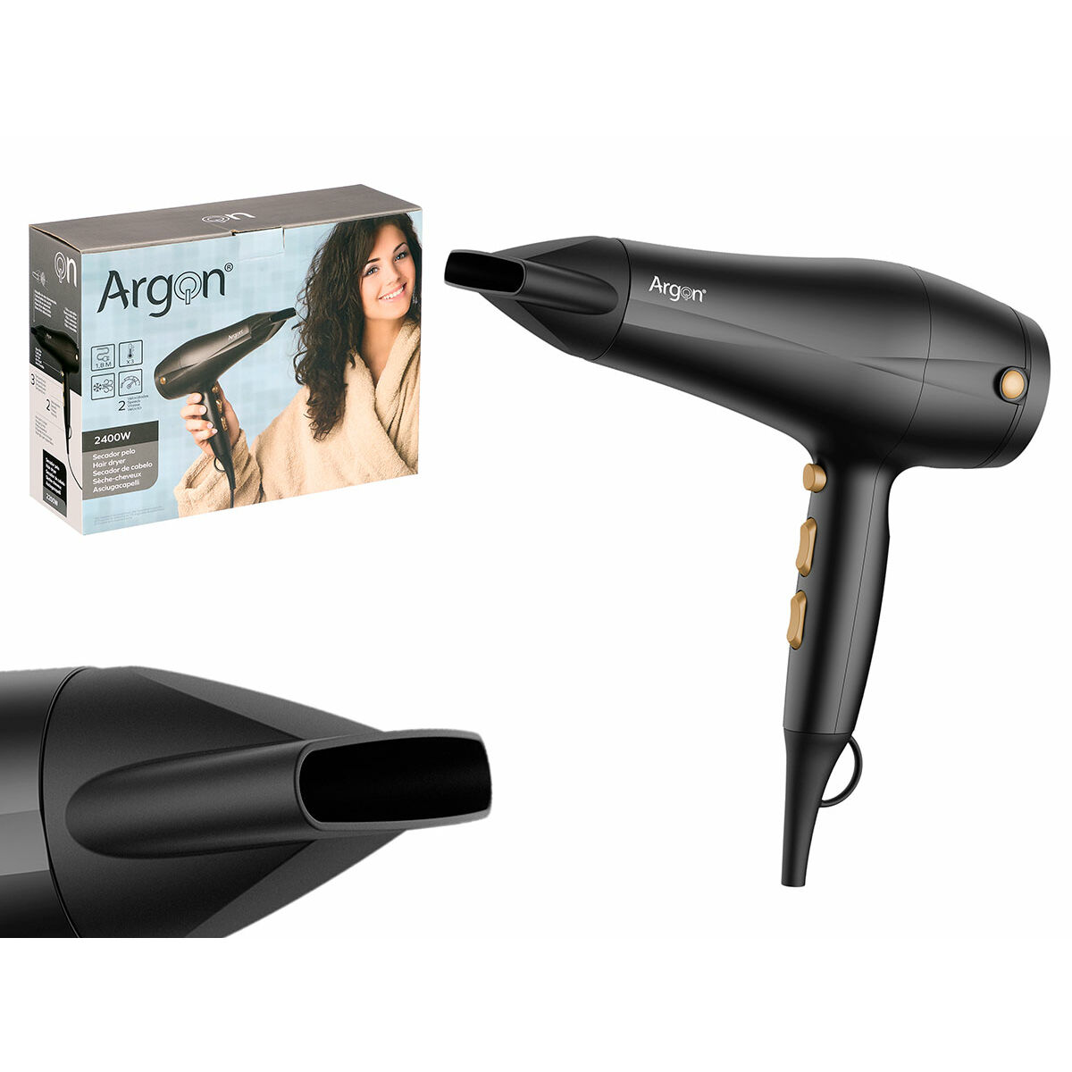 Hårtork Argon Svart Gyllene 2400 W - 2