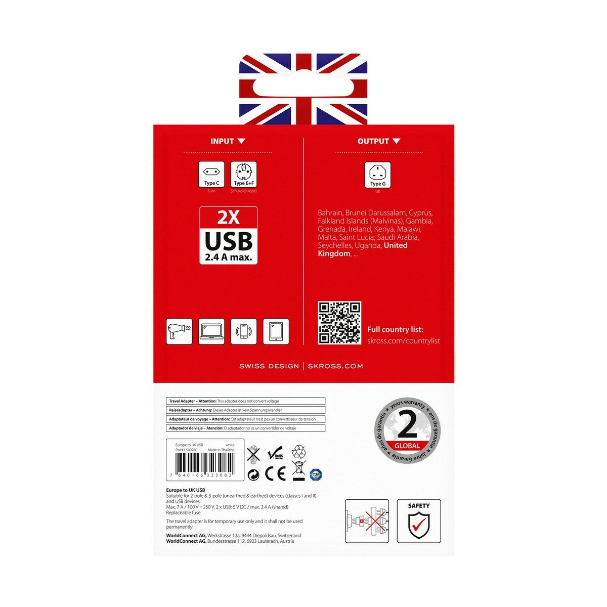 Eladapter Skross 1500280 USB x 2 Europeisk Storbritannien - 2
