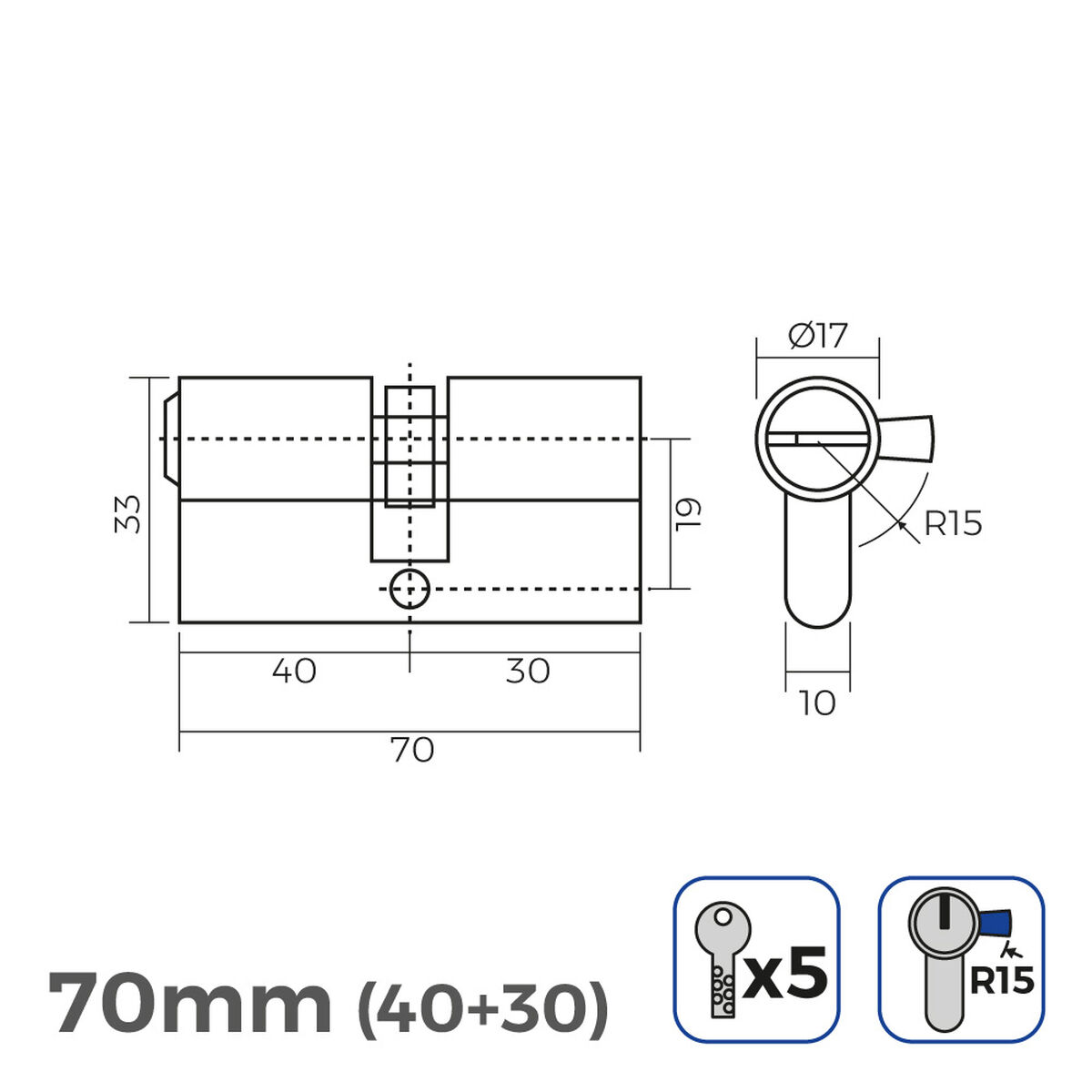 Cylinder EDM r15 Europeisk Långt kamlås Silvrig ickel (70 mm) - 3