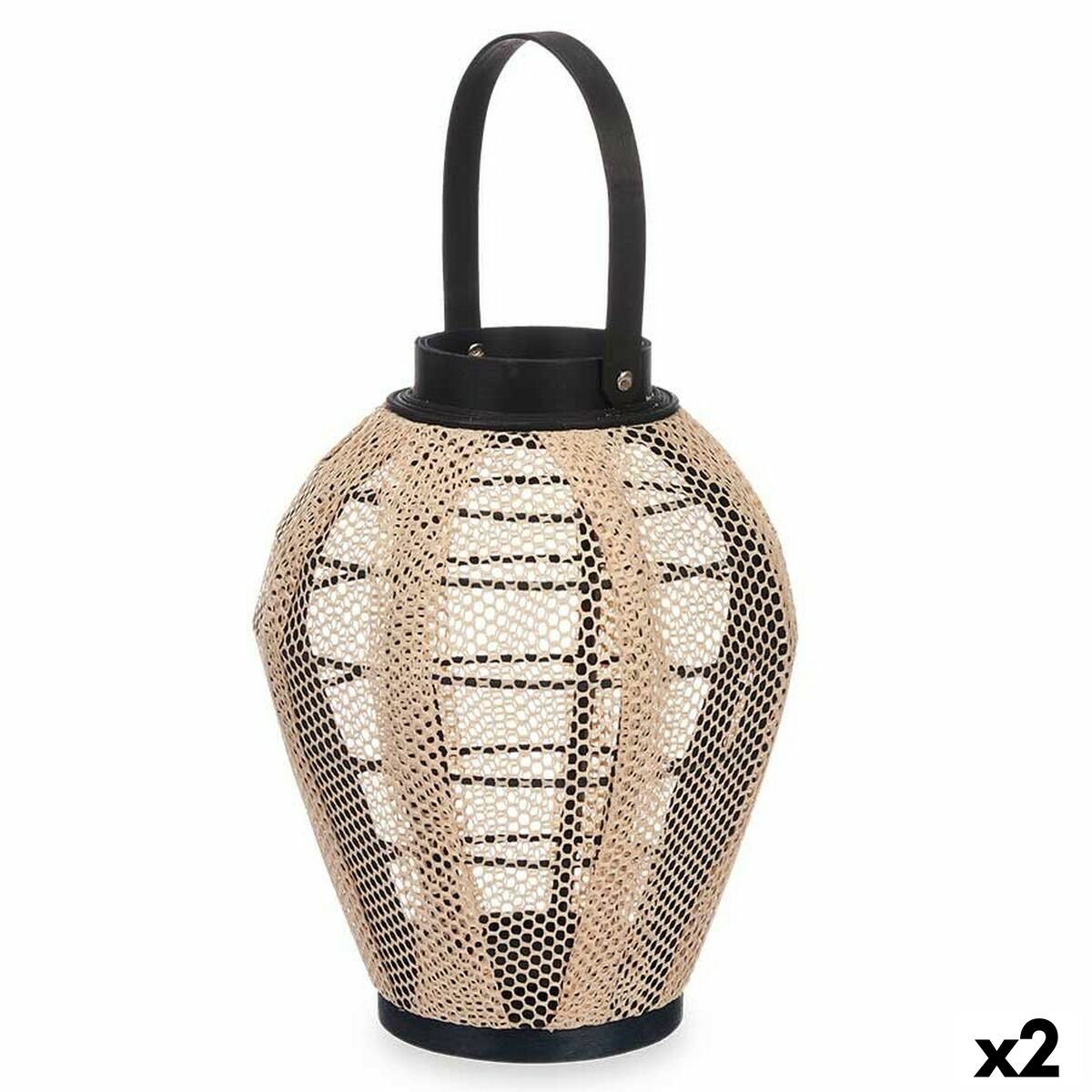Lykta Gift Decor Svart Beige Trä Tyg Glas Lykta 25 x 30 x 25 cm Med handtag (2 antal)