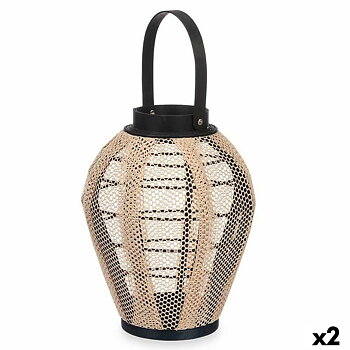 Lykta Gift Decor Svart Beige Trä Tyg Glas Lykta 25 x 30 x 25 cm Med handtag (2 antal)
