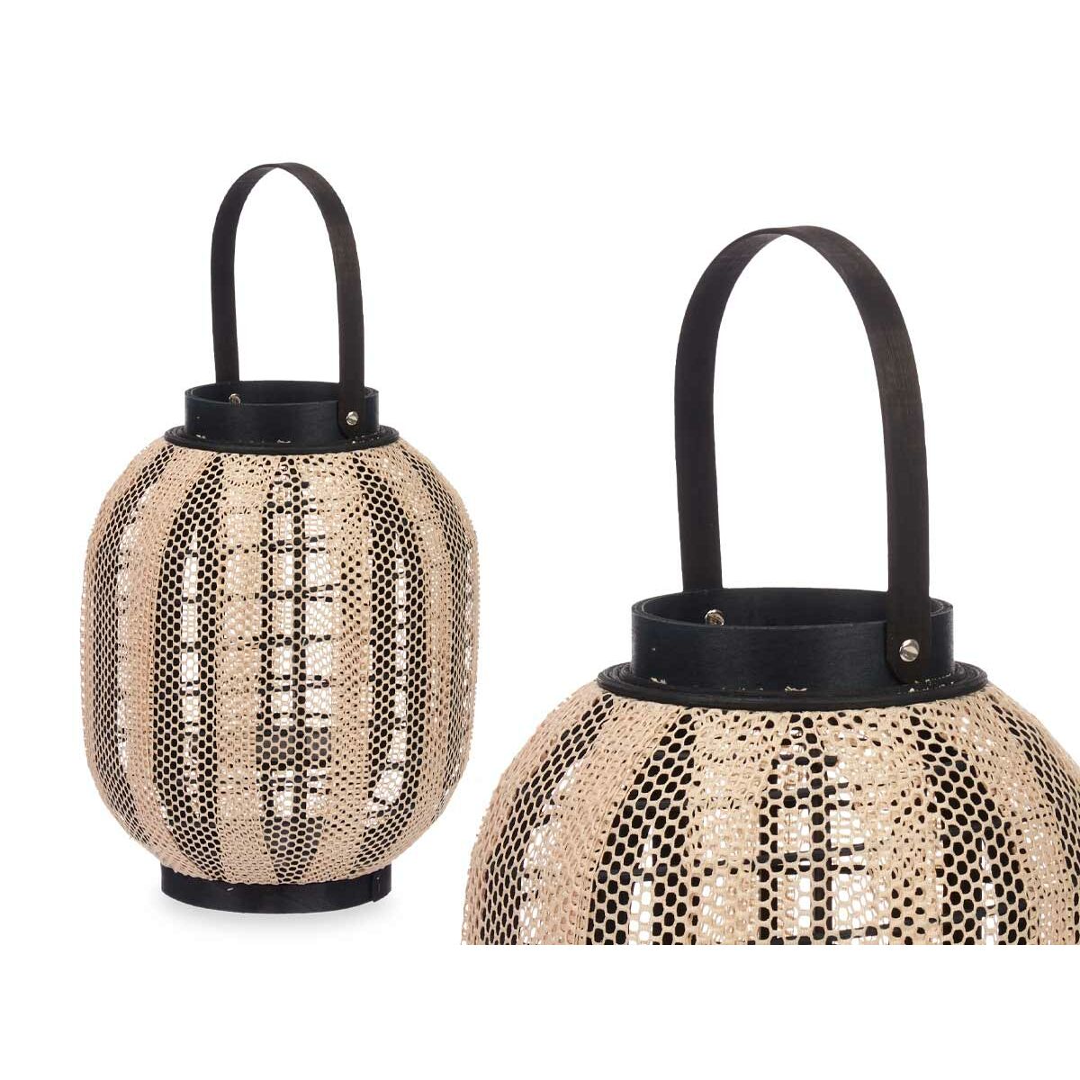 Lykta Gift Decor Svart Beige Trä Tyg Glas Lykta 27 x 32 x 27 cm Med handtag (2 antal) - 3
