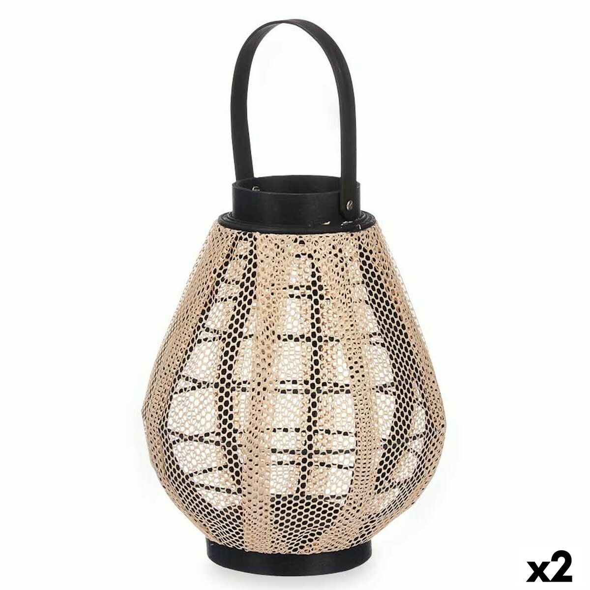 Lykta Gift Decor Svart Beige Trä Tyg Glas Lykta 25 x 30 x 25 cm Med handtag (2 antal)