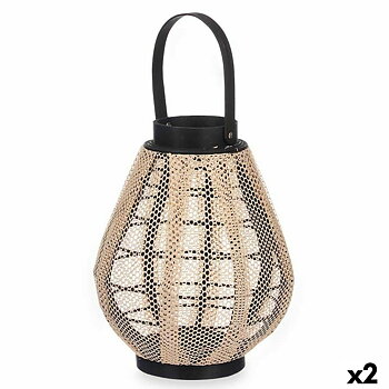 Lykta Gift Decor Svart Beige Trä Tyg Glas Lykta 25 x 30 x 25 cm Med handtag (2 antal)