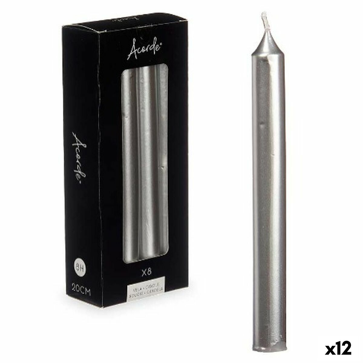 Set med levande ljus Acorde Silvrig 2 x 2 x 20 cm 8,5 x 20,5 x 4,5 cm 9 x 21 x 4,5 cm (12 antal)