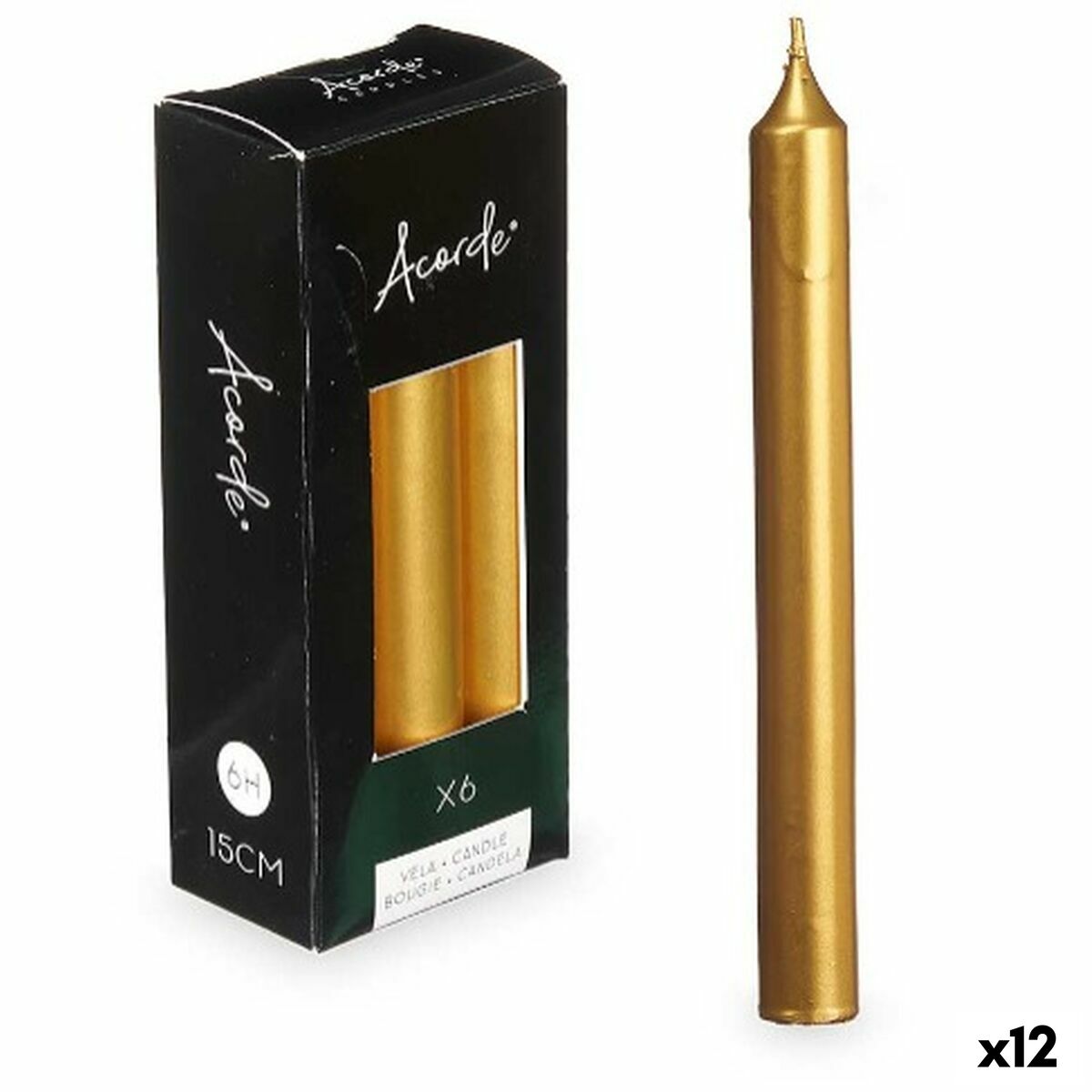 Set med levande ljus Acorde Gyllene 2 x 2 x 15 cm 6 x 15 x 4 cm (12 antal)