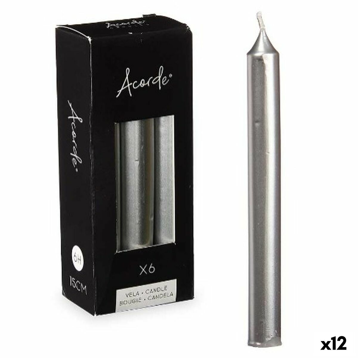 Set med levande ljus Acorde Silvrig 2 x 2 x 15 cm 6 x 15 x 4 cm (12 antal)