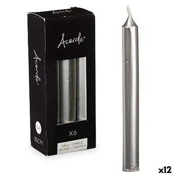 Set med levande ljus Acorde Silvrig 2 x 2 x 15 cm 6 x 15 x 4 cm (12 antal)