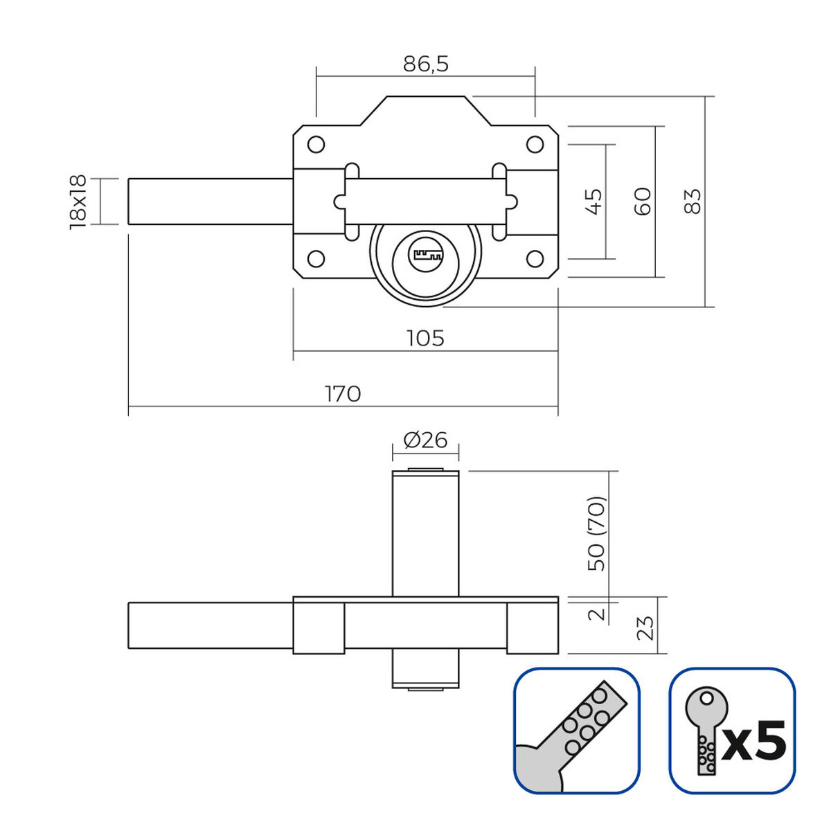 Säkerhetslås EDM 85191 ickel 83 x 170 mm Ø26 mm - 5