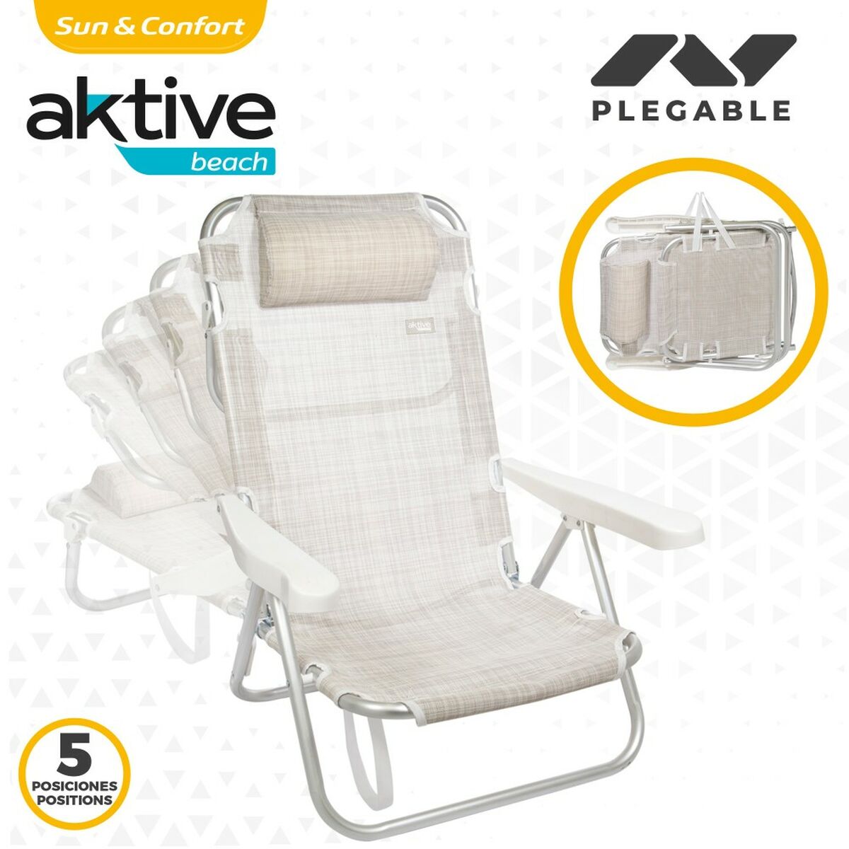 Fällbar stol med nackstöd Aktive Ibiza Beige 48 x 84 x 46 cm (2 antal) - 4