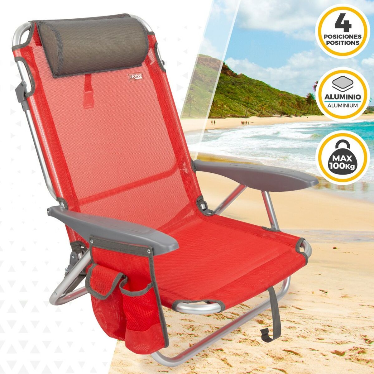 Fällbar stol med nackstöd Aktive Menorca Röd 51 x 76 x 45 cm (2 antal) - 8