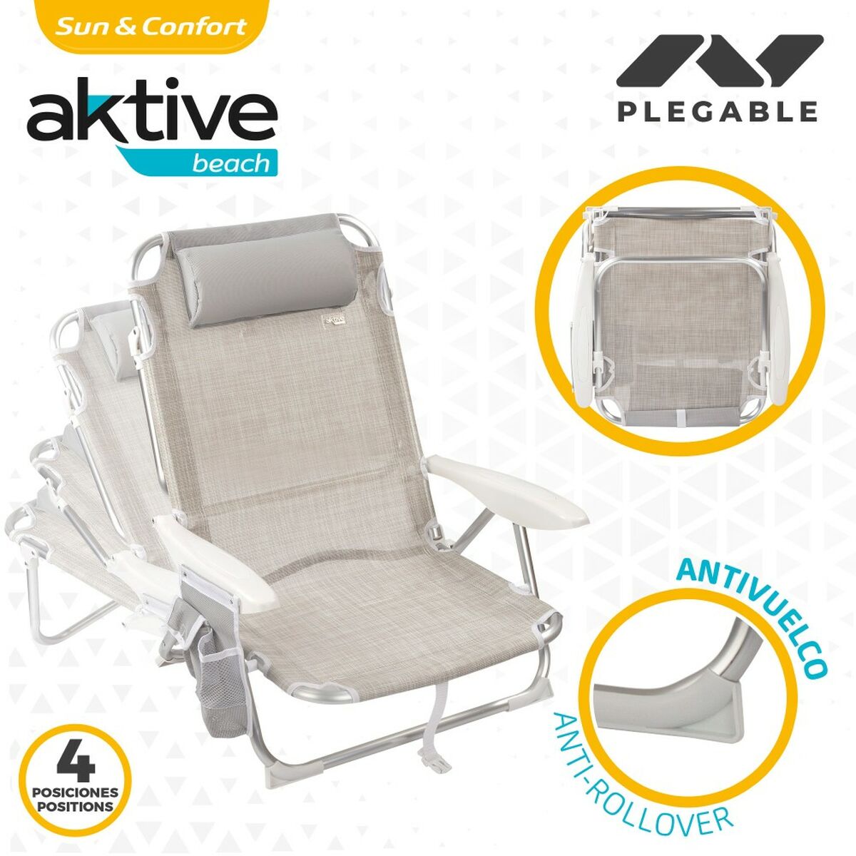 Fällbar stol med nackstöd Aktive Ibiza Beige 51 x 76 x 45 cm (2 antal) - 4
