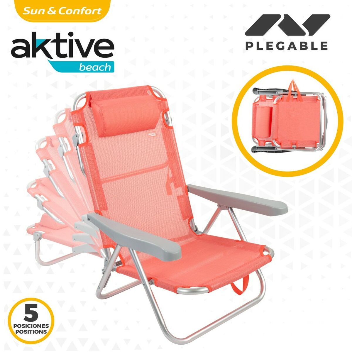 Fällbar stol med nackstöd Aktive Flamingo Korall 48 x 84 x 46 cm (2 antal) - 4