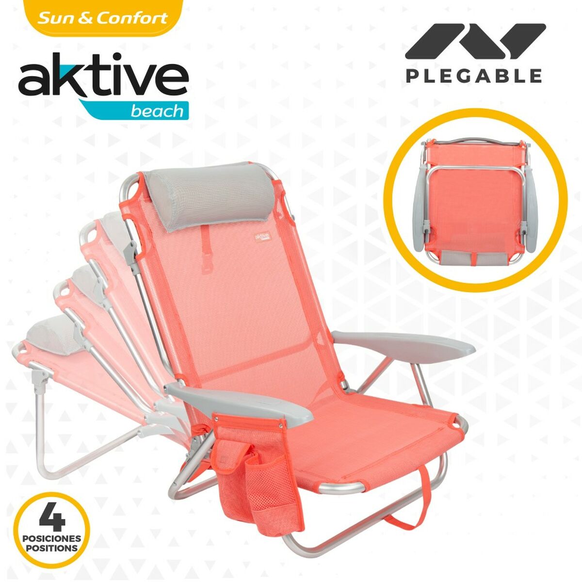 Fällbar stol med nackstöd Aktive Flamingo Korall 51 x 76 x 45 cm (2 antal) - 4