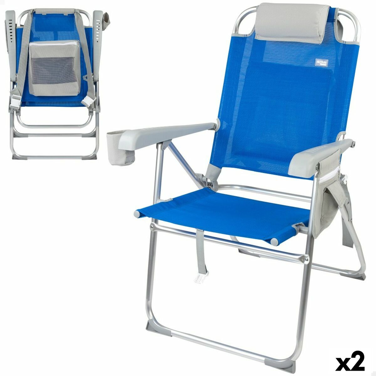 Fällbar stol med nackstöd Aktive 47 x 99 x 63 cm Blå (2 antal) - 6