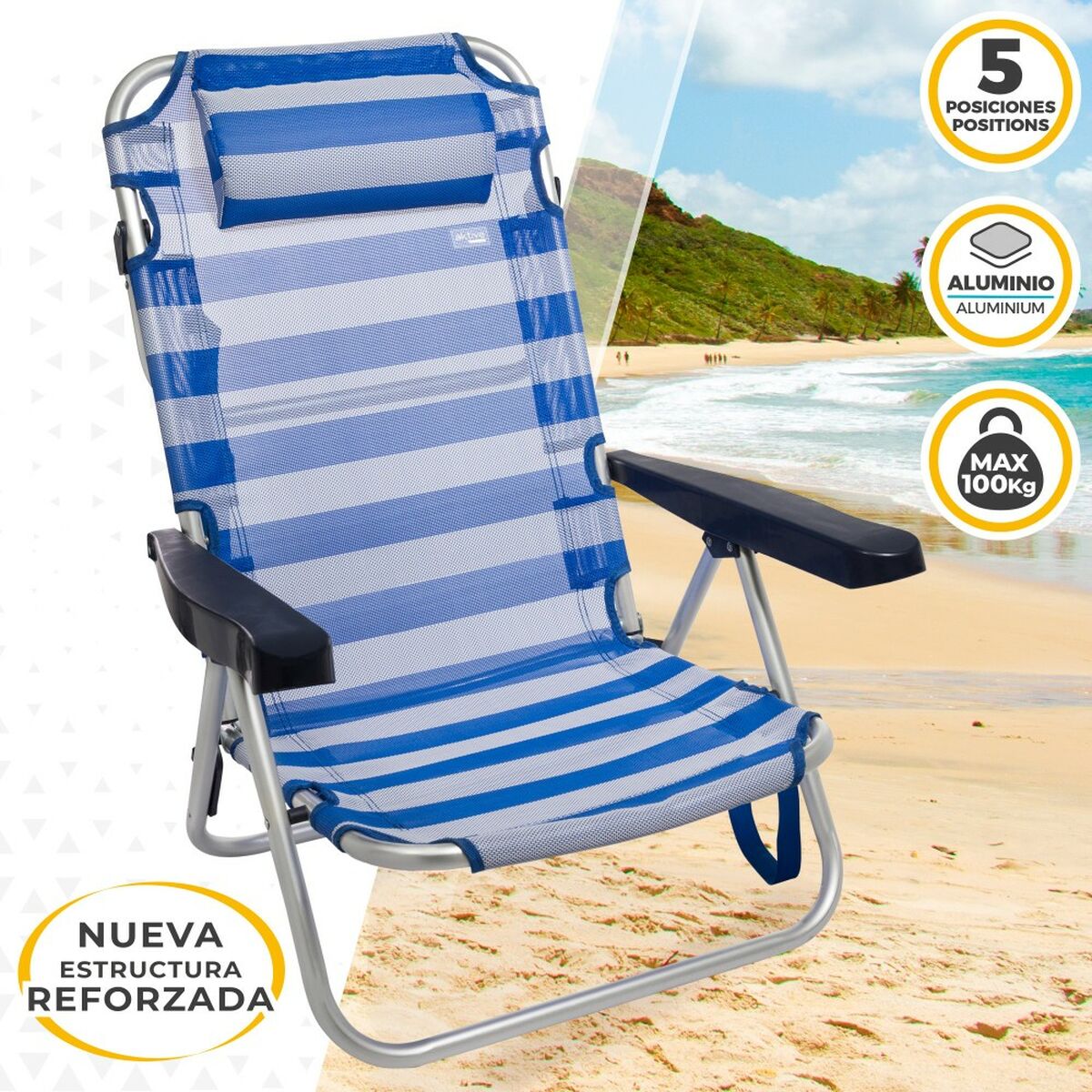 Strandstol Aktive Hopfällbar Kudde Vit Blå 48 x 84 x 46 cm (2 antal) - 10