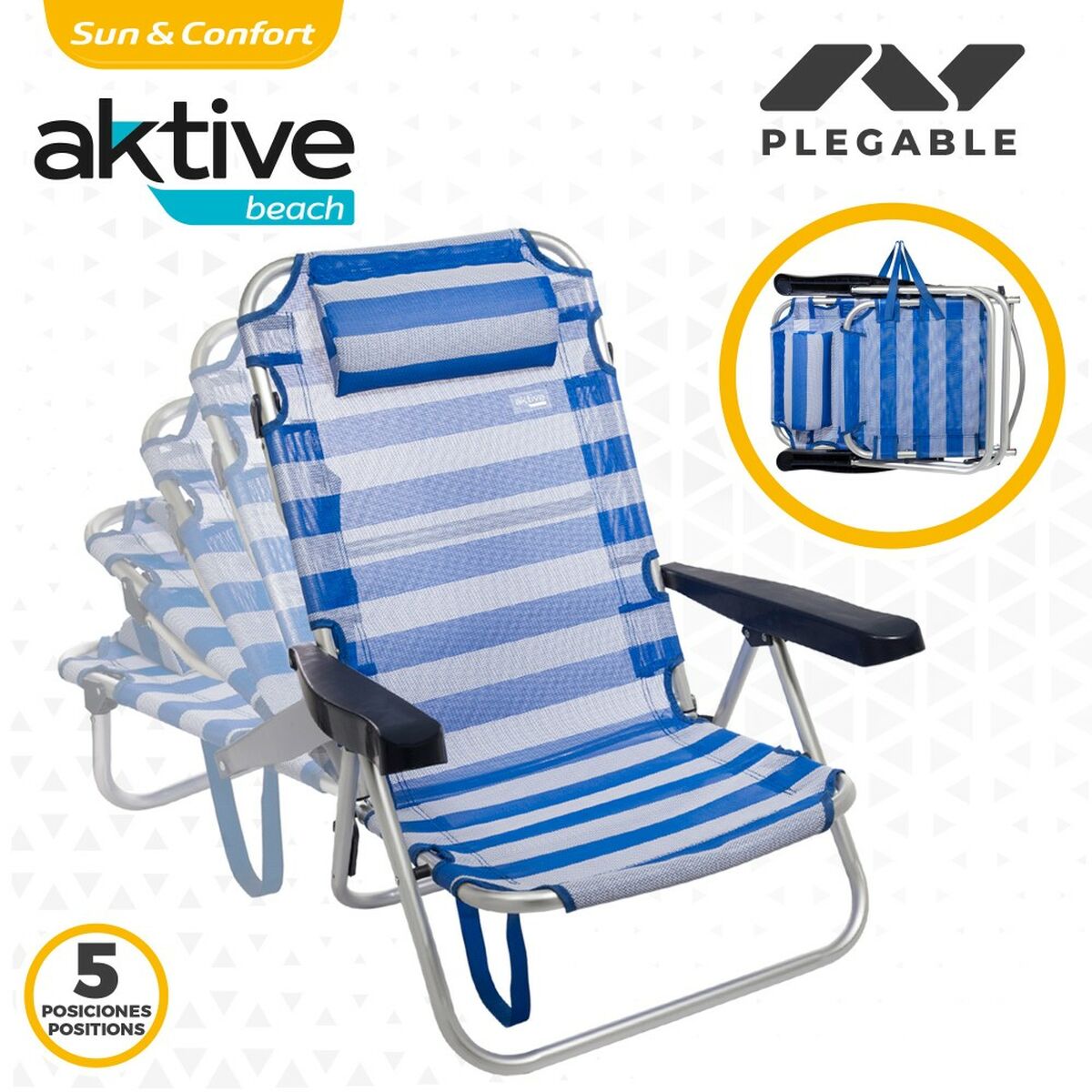 Strandstol Aktive Hopfällbar Kudde Vit Blå 48 x 84 x 46 cm (2 antal) - 4