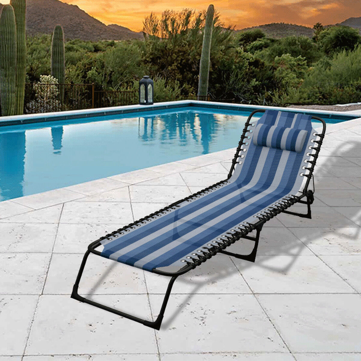 Marbueno Fällbar Stål Solstol Med Kudde Trädgård och Pool 190X58X27 cm Blå Randiga 10171 - 3