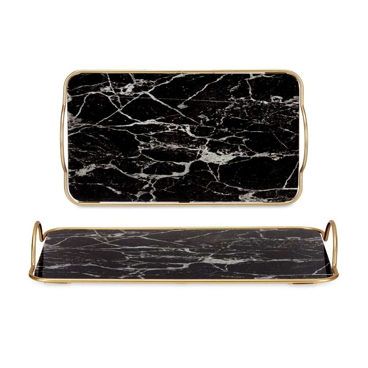 Bricka Marmor Svart Gyllene Metall Glas 35 x 4,5 x 20 cm (6 antal) - 6