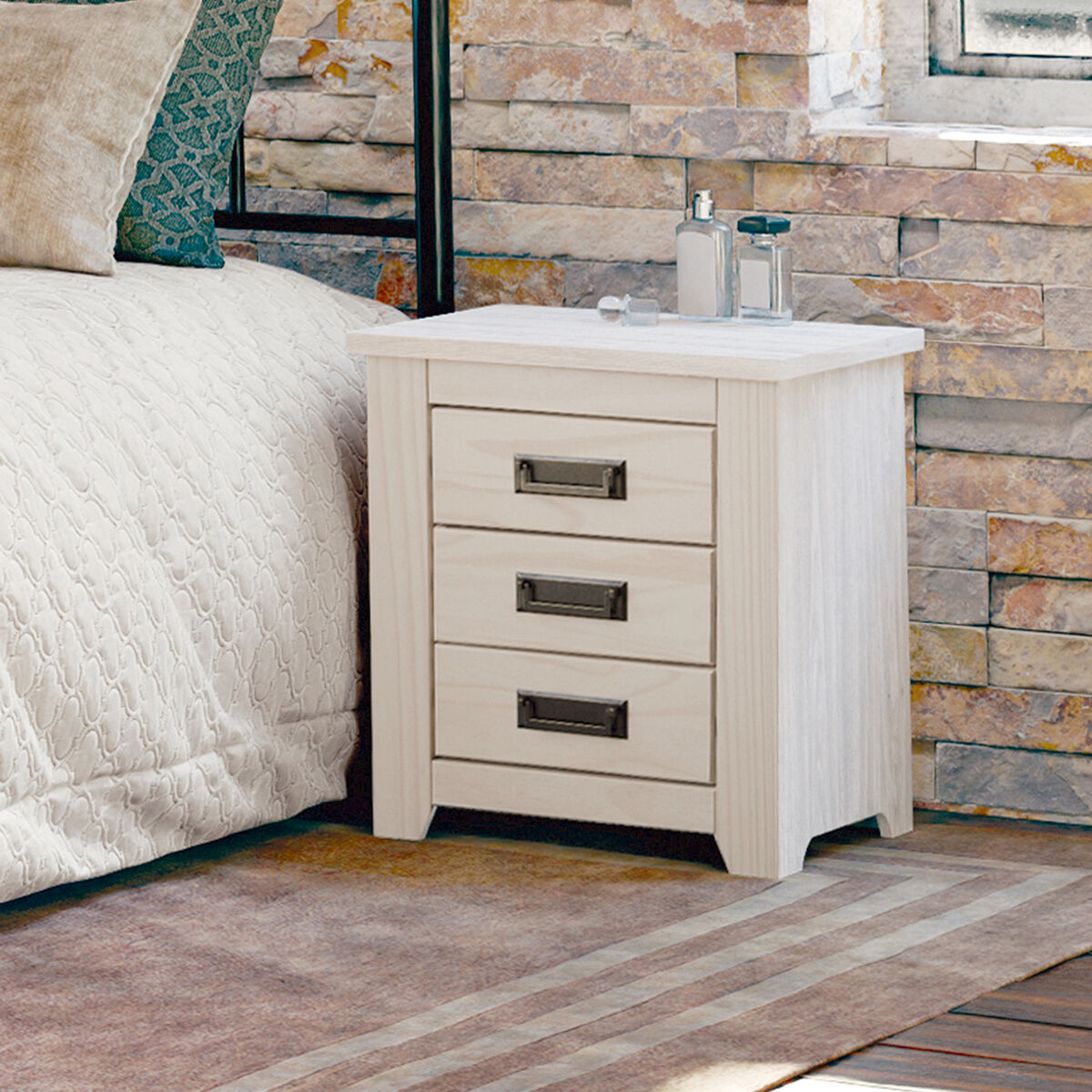 Nattduksbord Alexandra House Living Vit Metall furuträ 43 x 50 x 32 cm 3 lådor - 2