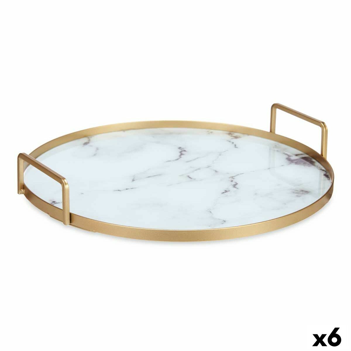 Bricka Marmor Vit Gyllene Metall Glas 30 x 4,5 x 30 cm (6 antal)