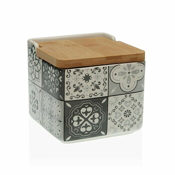 Saltkar med lock Versa Mosaik Svart Keramik Bambu (12,2 x 11,5 x 12,2 cm)