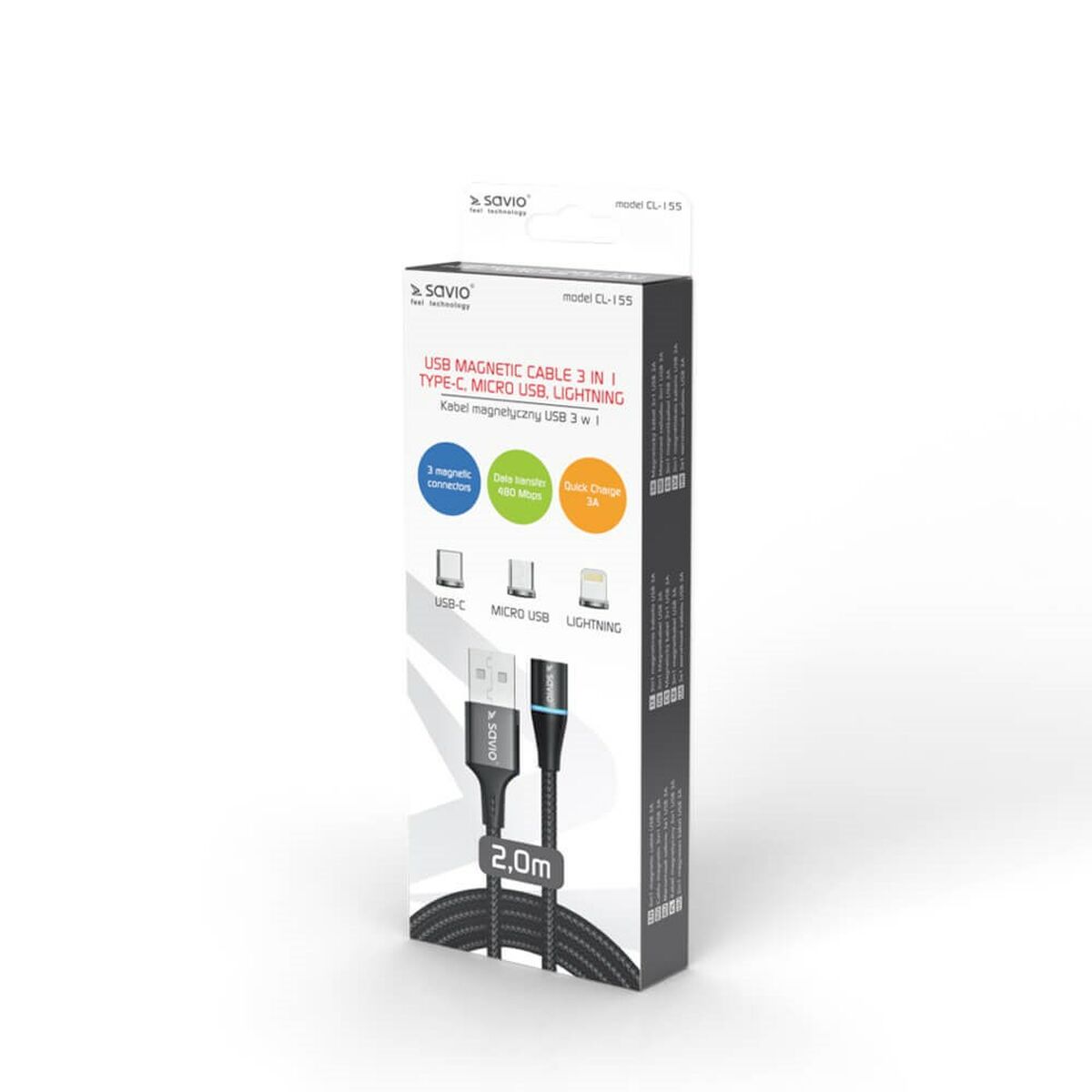 Kabel USB till Lightning Savio CL-155 Svart 2 m - 2
