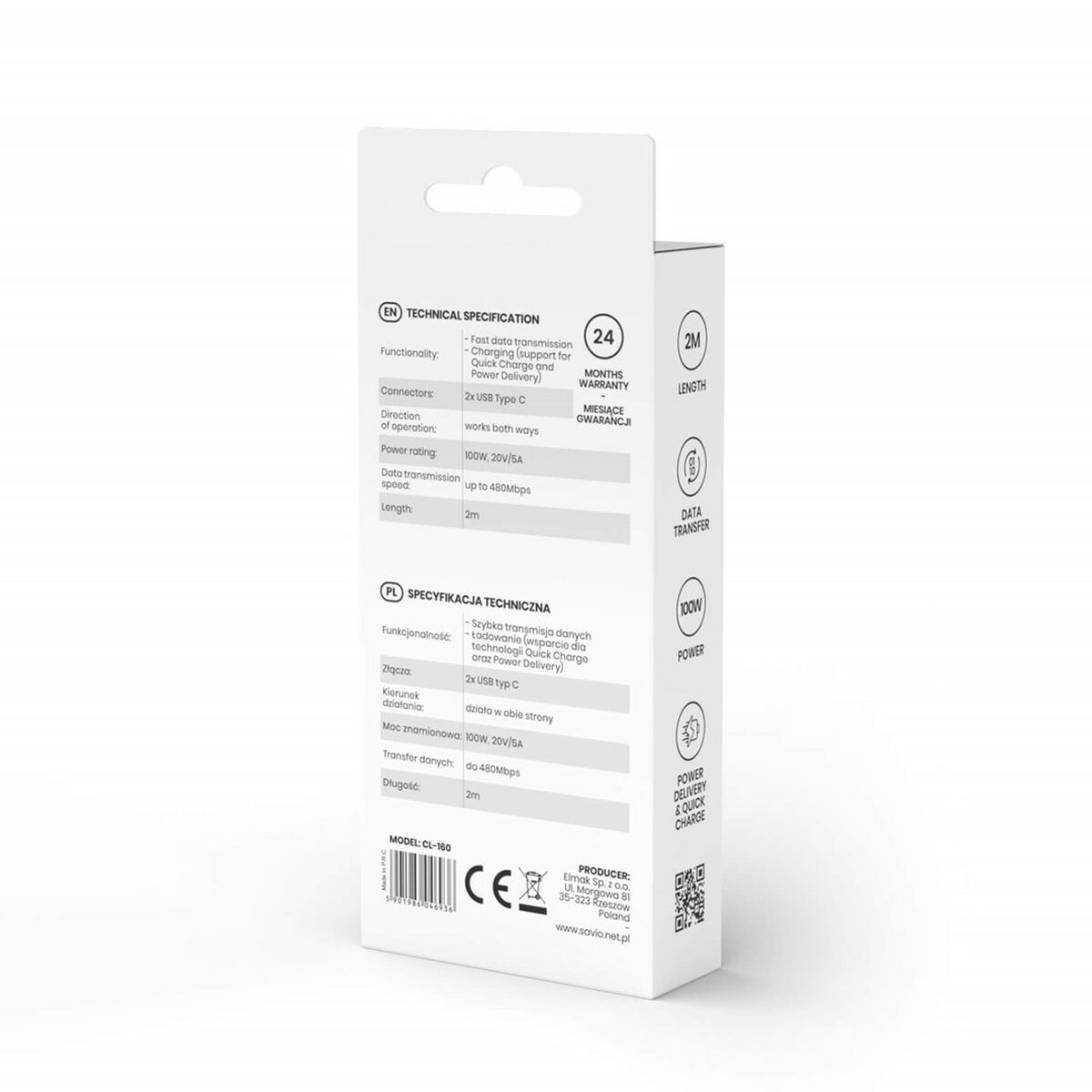 Kabel USB C Savio CL-160 Svart 2 m - 2