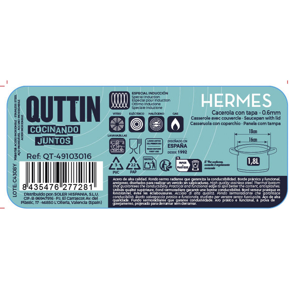 Kastrull med glaslock Quttin Hermes Stål 1,8 L (6 antal) - 5
