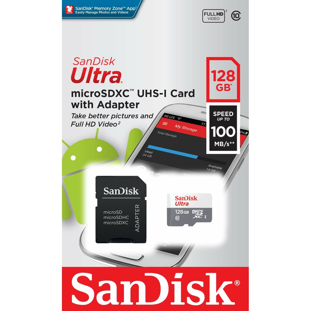 Micro-SD Minneskort med Adapter SanDisk SDSQUNR-128G-GN3MA C10 80 MB/s-100 MB/s 128 GB - 2