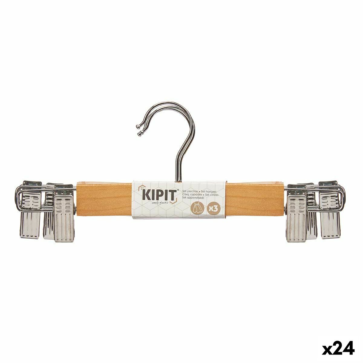 Klädhängarset Kipit Brun Silvrig Trä Metall 28,5 x 2,5 x 11,5 cm 28,5 x 11,5 x 4 cm 28,5 x 11,5 x 6 cm Klämmor (24 antal)