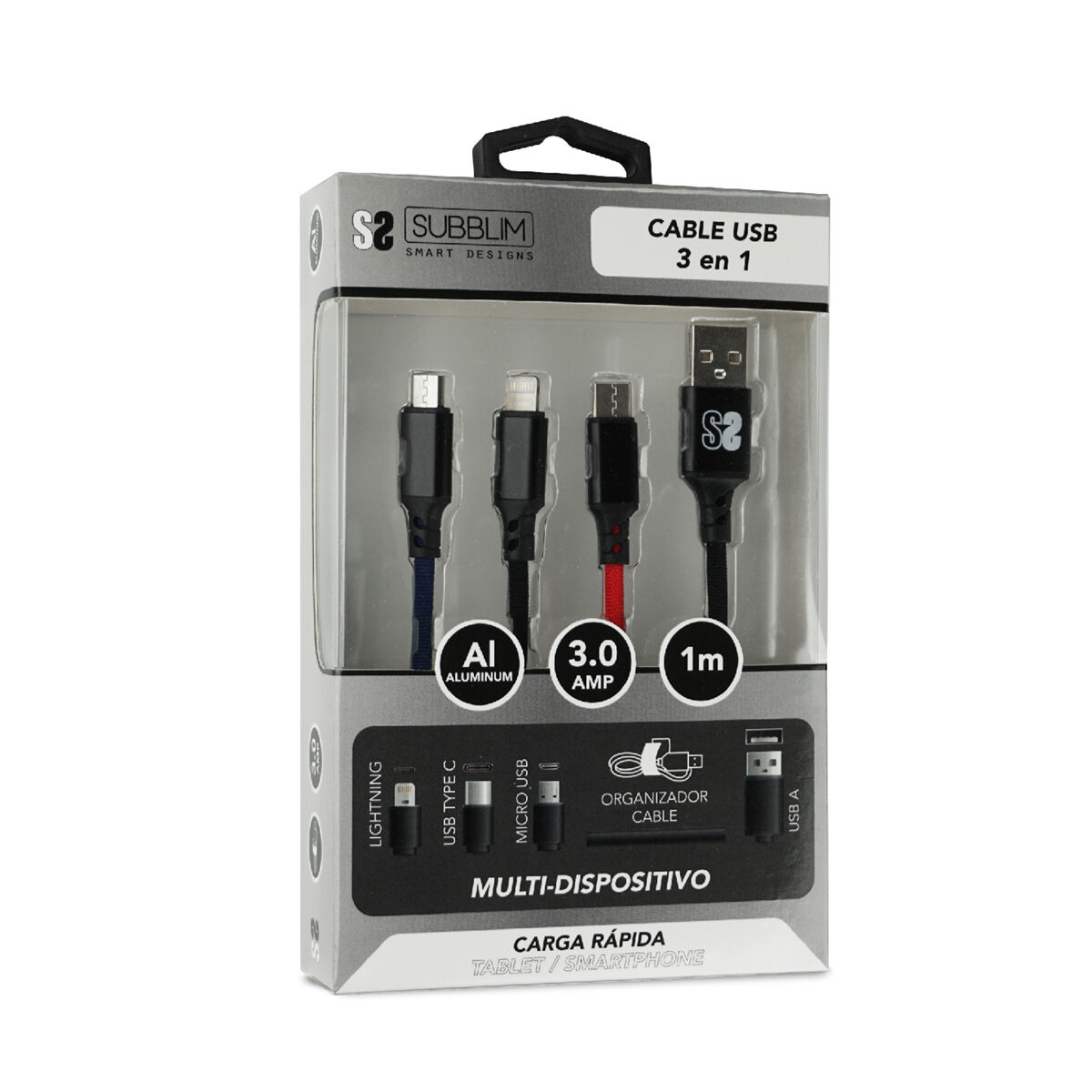 Kabel Micro USB Subblim Premium 3in1 Blå Svart Röd 1 m (1 antal) - 2
