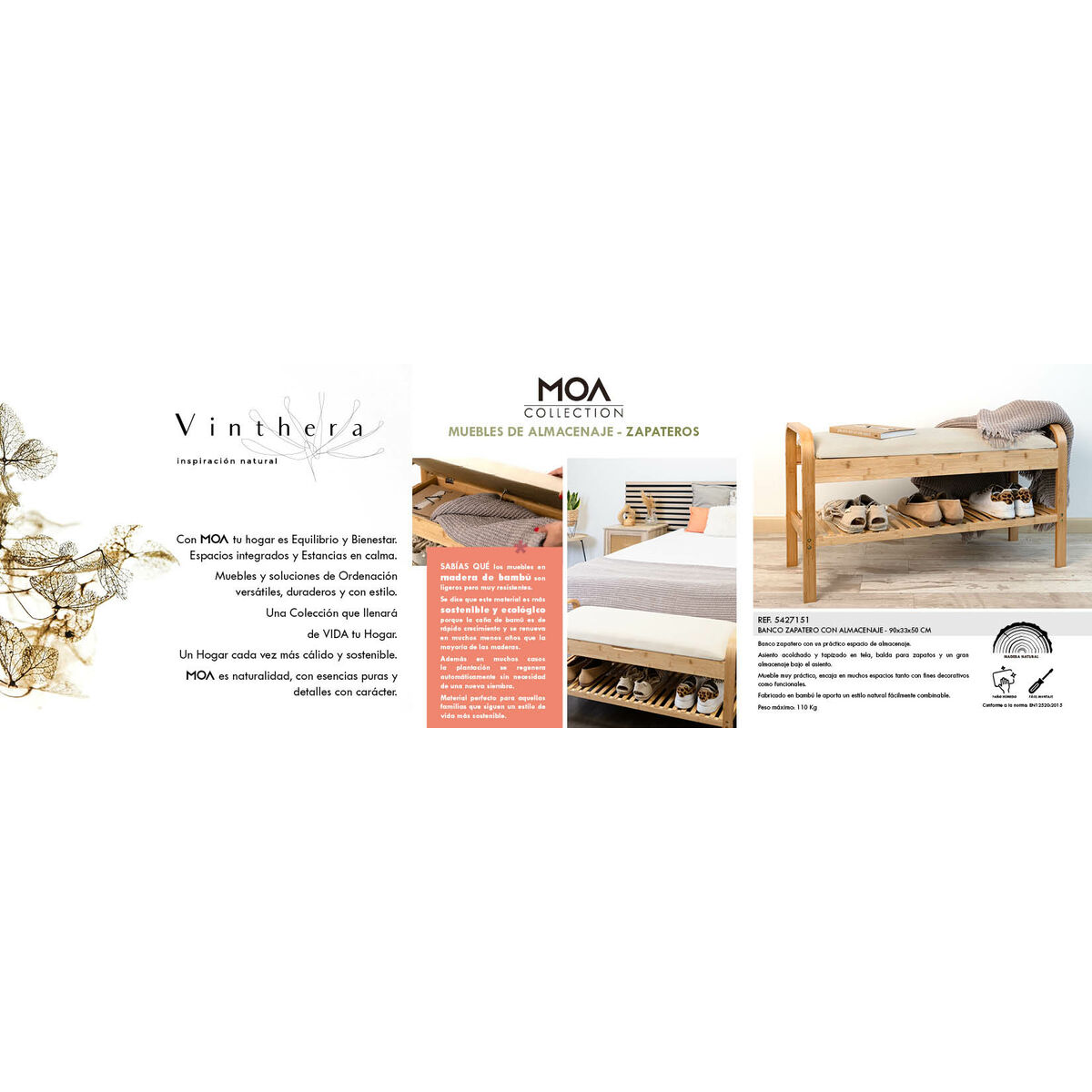 Skobänk Vinthera Moa Beige Trä 90 x 33 x 50 cm - 2