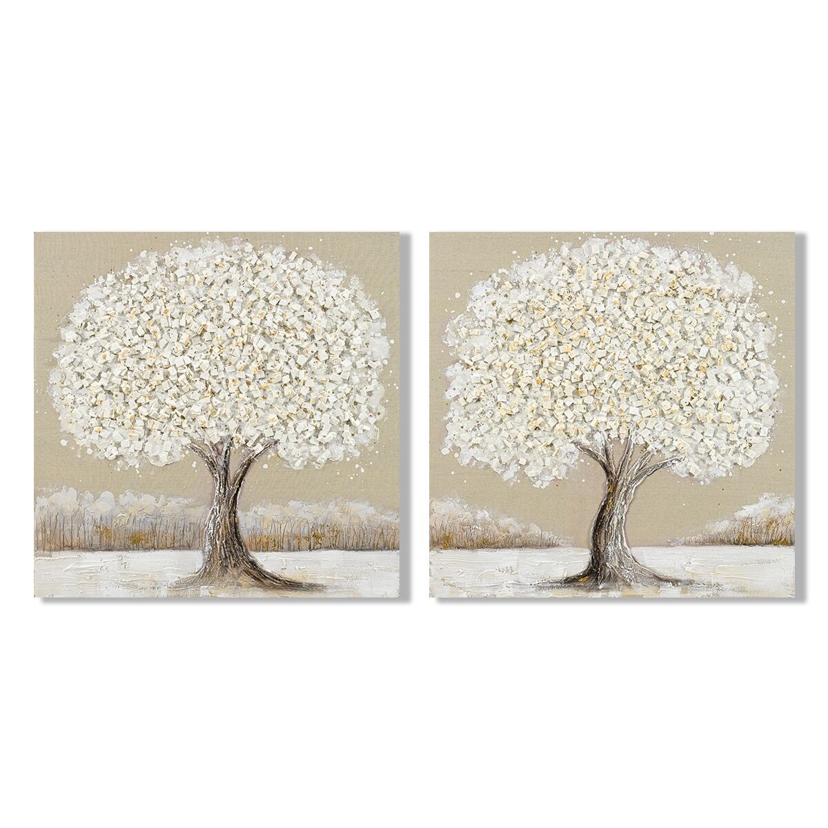 Kanvas Home ESPRIT Vit Beige Träd Traditionell 100 x 3 x 100 cm 102 X 3 X 102 CM (2 antal)