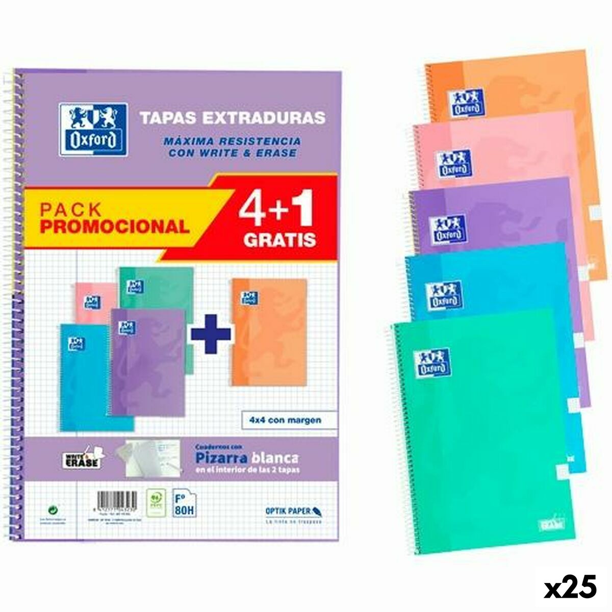 Anteckningsbok Oxford WRITE&ERASE Pastel Din A4 80 Blad 21,5 x 31,5 cm 5 Delar (25 antal)