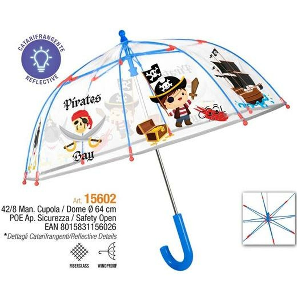Paraply Perletti Transparent Glasfiber Ø 64 cm Barn Pirater - 2
