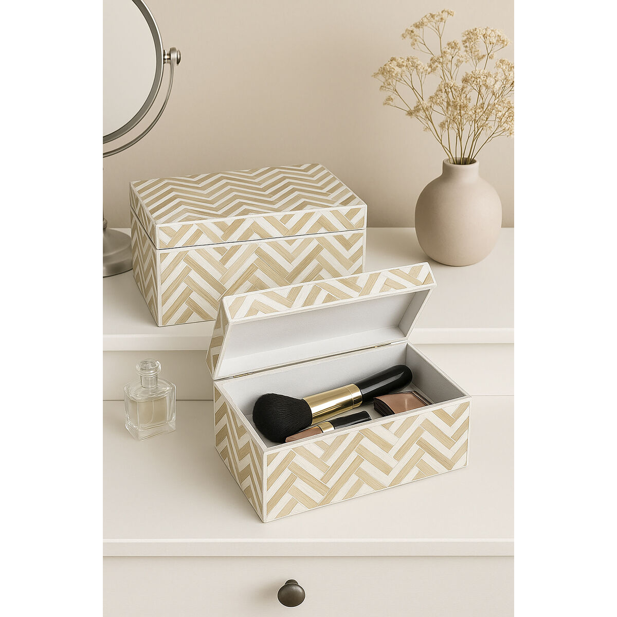 Uppsättning med Dekorativa Lådor Home ESPRIT Vit Brun Harts Bambu Tropiskt (2 antal) - 2