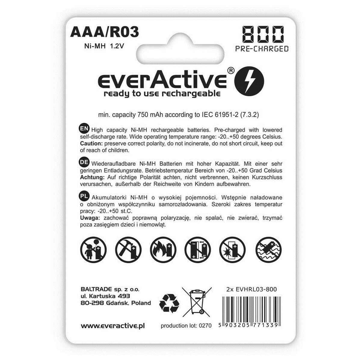 Laddningsbara Batterier EverActive EVHRL03-800 AAA R03 1,2 V 3.7 V (2 antal) - 2