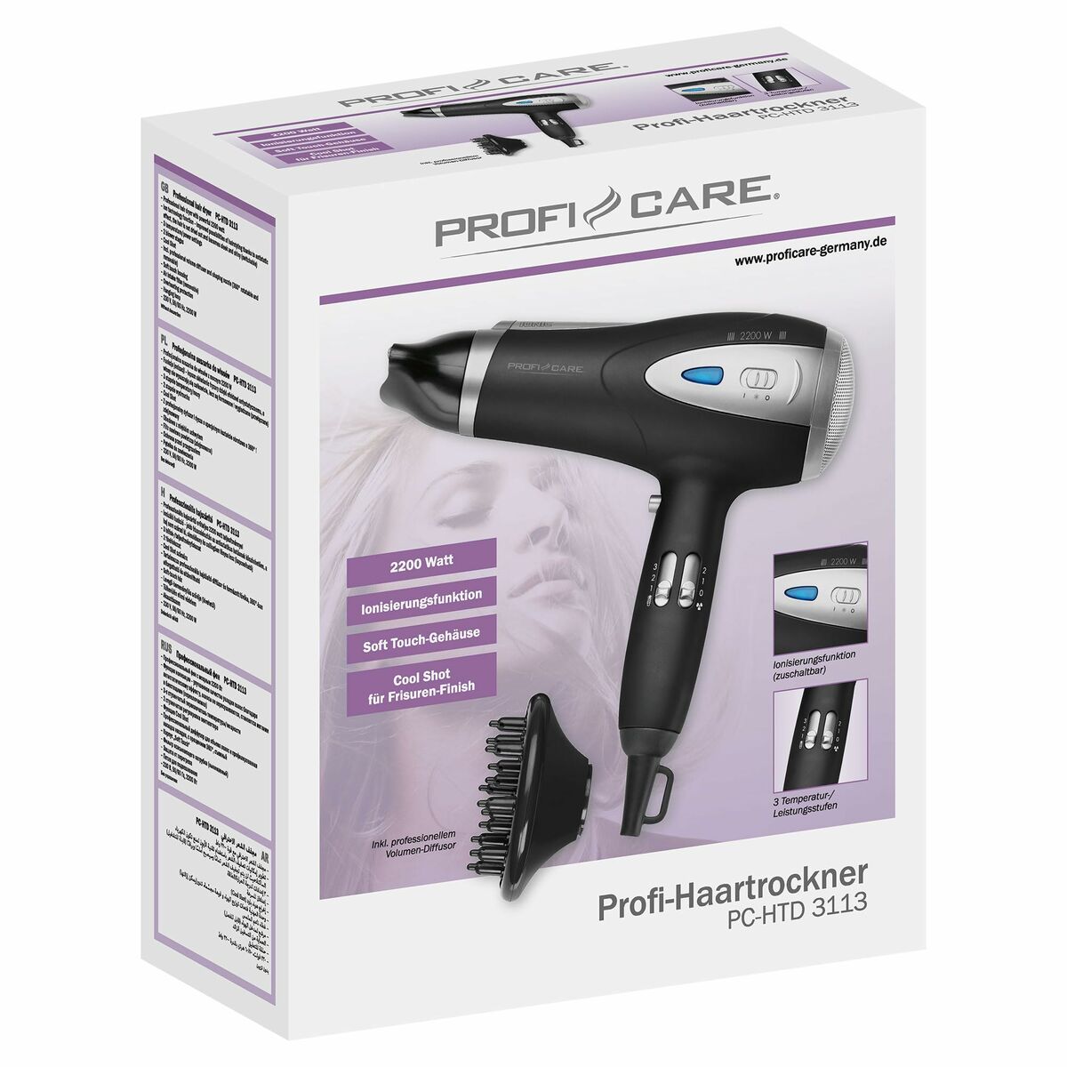 Hårtork ProfiCare PC-HTD 3113 CZARNA Svart 2200 W - 2